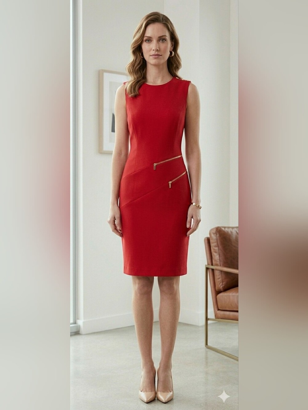 Calvin Klein Red Sleeveless Sheath Dress with Diagonal Zip Accents